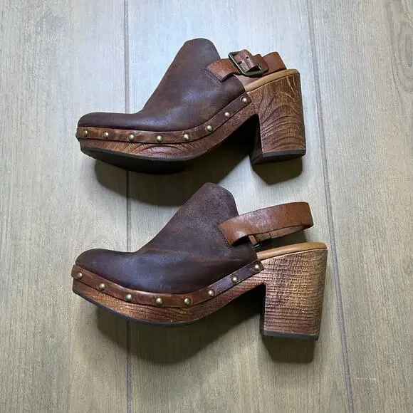 Kork-Ease Leather Platform Clog Heels Womens 9M Brown Slingback Wood Studded - Picture 10 of 16